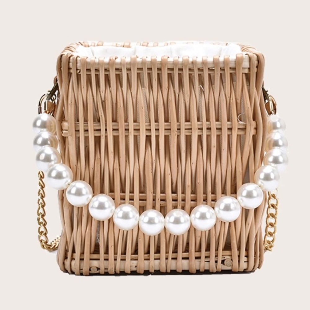 Faux Pearl Handle Rattan Woven Bucket Bag